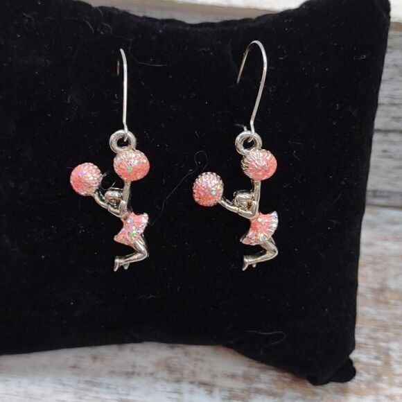 Cheerleader Earrings. Pink sequined look with silver tone - Picture 1 of 4